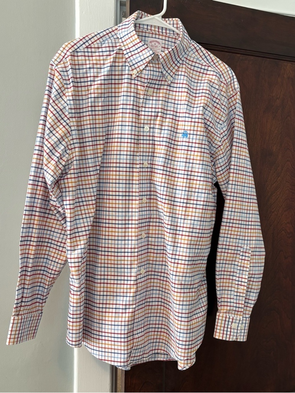 Brooks Brothers Medium Checked Button Up Cotton Shirt Logo Non-Iron Oxford